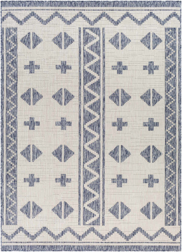 Close up of the Mangoso Gray Area Rug featuring a blue geometric pattern on an off-white background. Design-Rectangle-537