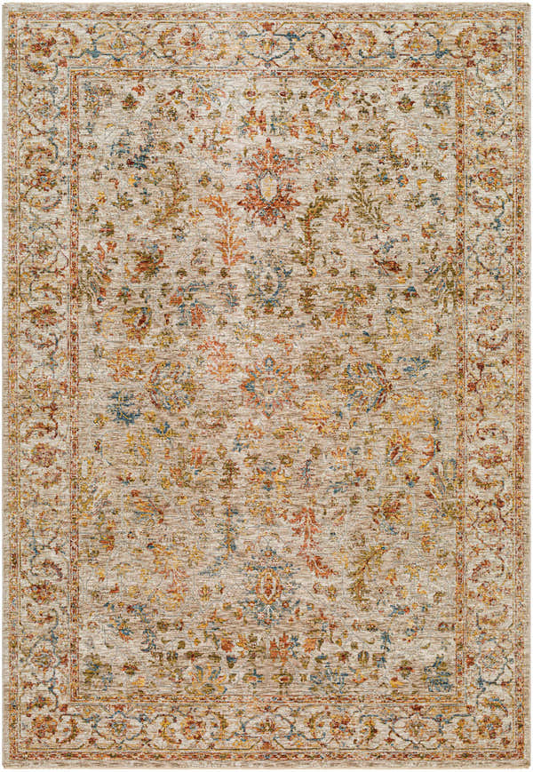 Close-up of the Asabi Tan Textured Rug, a machine-woven polyester rug with brick red, blue, sage, and mustard floral patterns. Design-Rectangle-6796