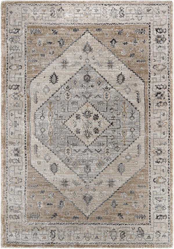 Close-up of the Minal Luxe Thick Area Rug, featuring a traditional diamond pattern in dark gray, medium gray, and beige. Design-Rectangle-537