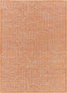 Close-up of the Menangle Area Rug. Orange rug with a woven floral pattern. Coastal, farmhouse style. Design-Rectangle-537