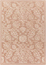 Close-up of the Maninihon 3D Outdoor Area Rug in clay. Floral and leaf pattern in off-white against a tan background. Machine woven texture. Design-Rectangle-5373