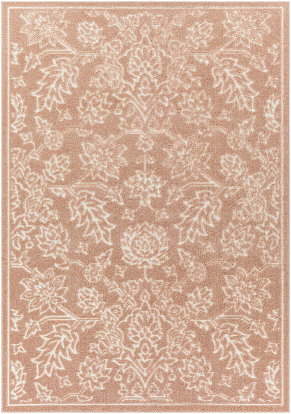 Close-up of the Maninihon 3D Outdoor Area Rug in clay. Floral and leaf pattern in off-white against a tan background. Machine woven texture. Design-Rectangle-5373