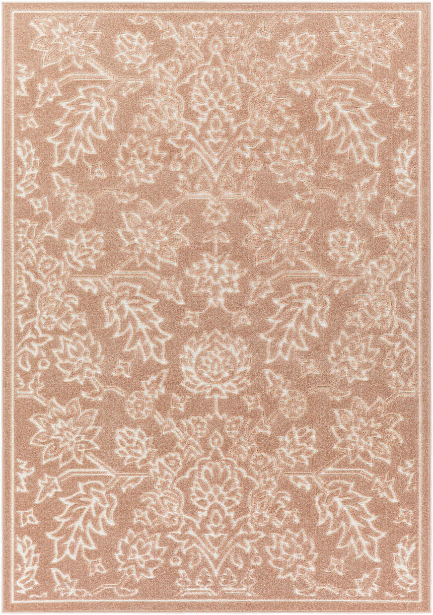 Close-up of the Maninihon 3D Outdoor Area Rug in clay. Floral and leaf pattern in off-white against a tan background. Machine woven texture. Design-Rectangle-5373