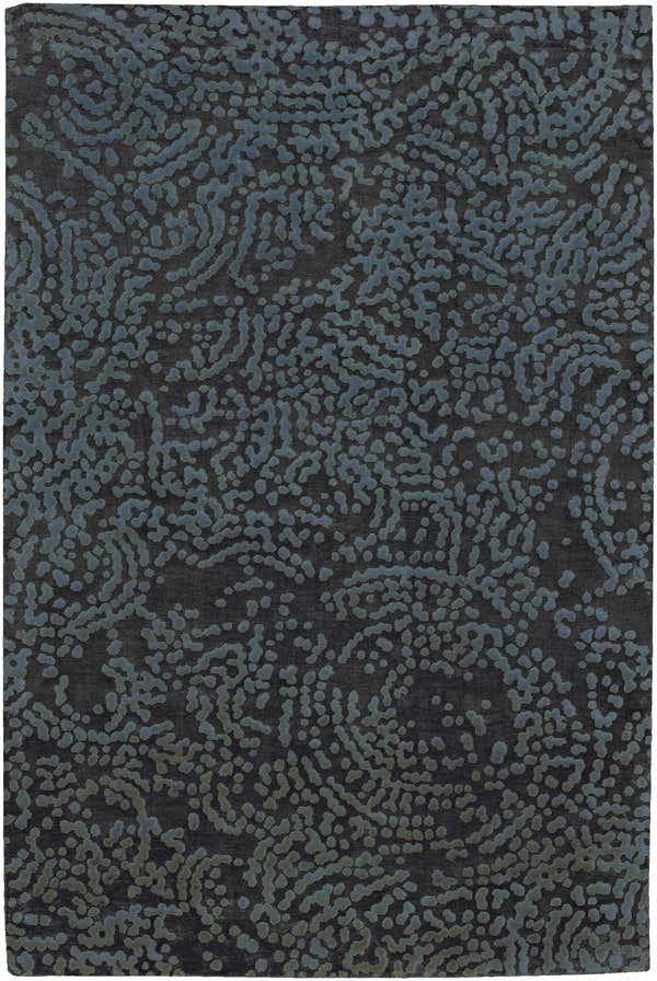 Close-up of the Pensacola Denim/Black rug showing its abstract denim and black pattern and wool texture. Design-Rectangle-58