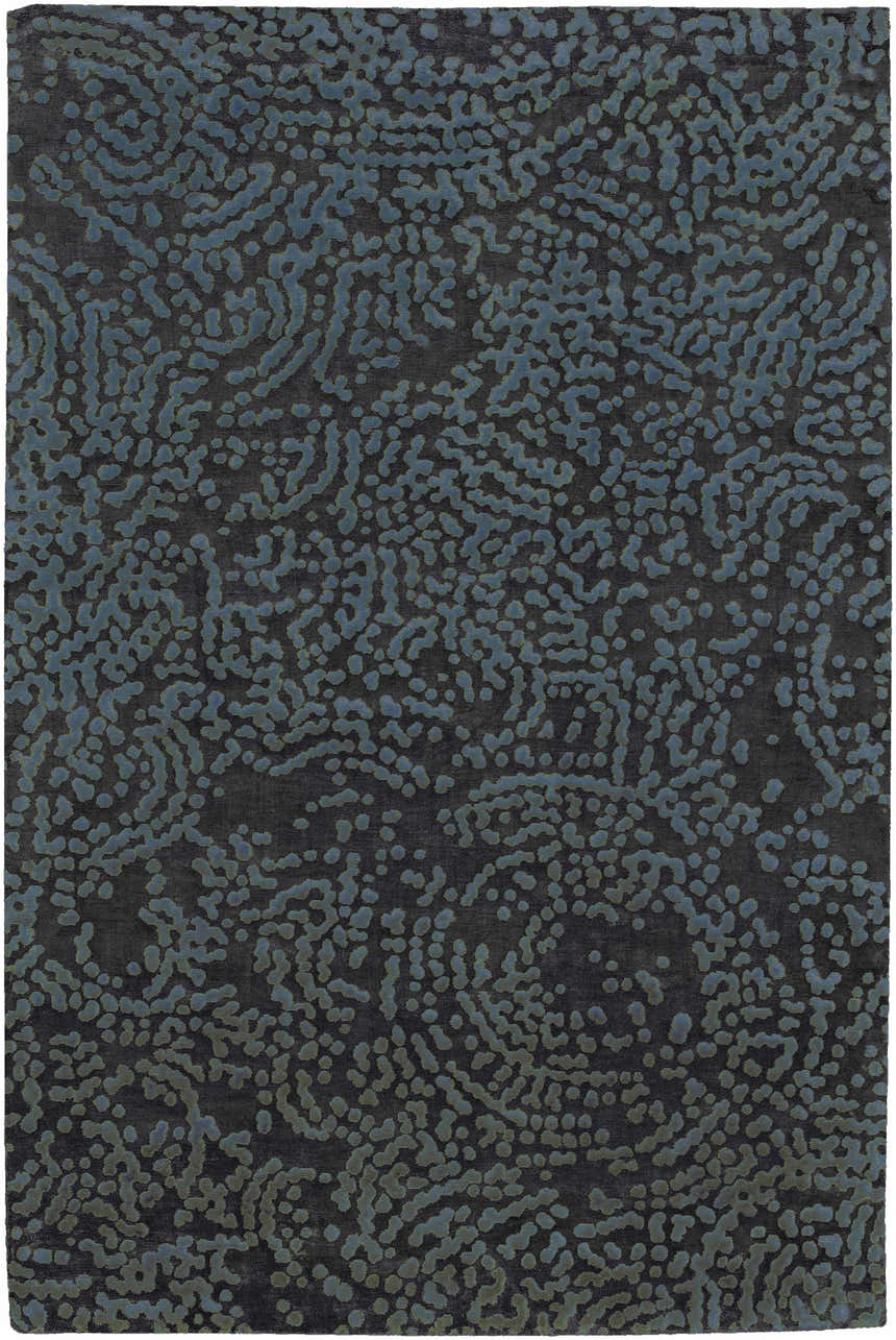 Close-up of the Pensacola Denim/Black rug showing its abstract denim and black pattern and wool texture. Design-Rectangle-58