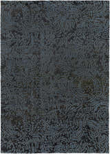 Close-up of the Pensacola Denim/Black Rug. Abstract denim blue pattern on a dark charcoal gray wool and viscose rug. Design-Rectangle-811