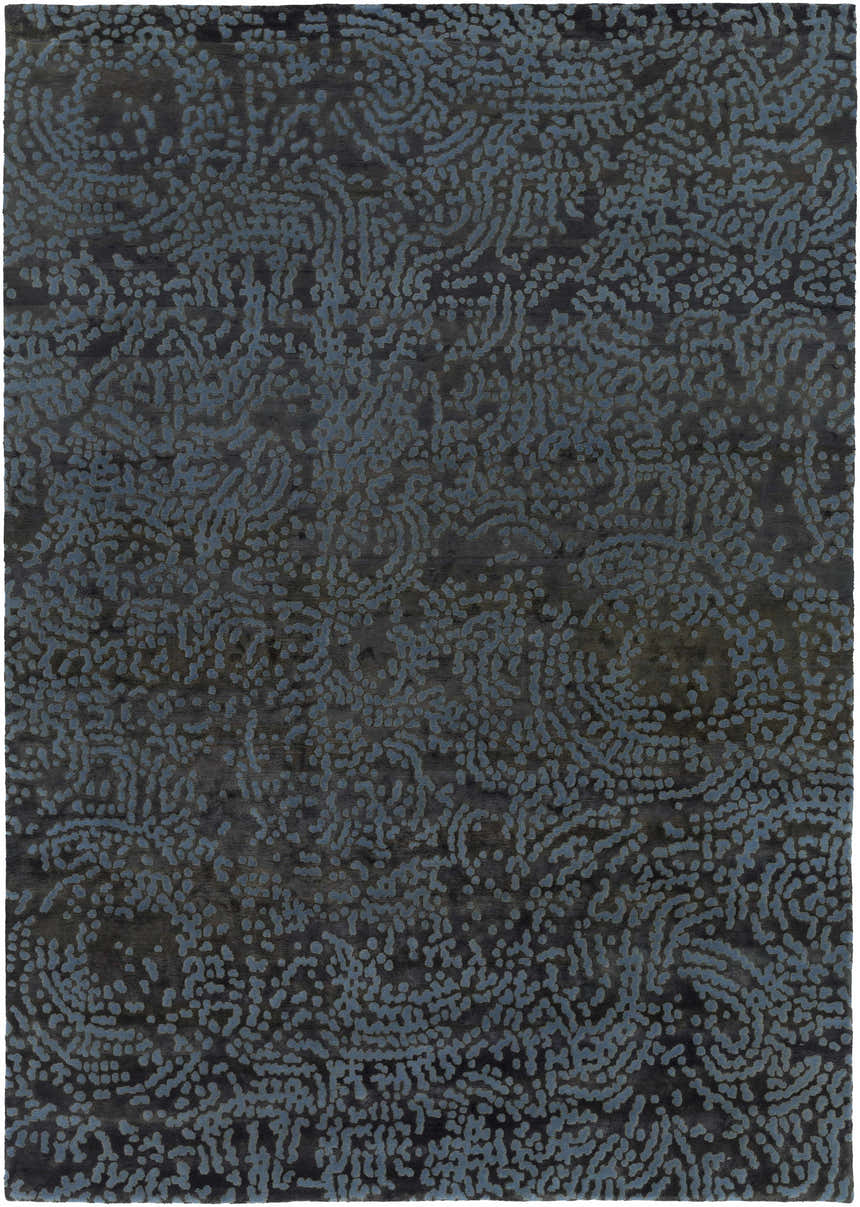 Close-up of the Pensacola Denim/Black Rug. Abstract denim blue pattern on a dark charcoal gray wool and viscose rug. Design-Rectangle-811