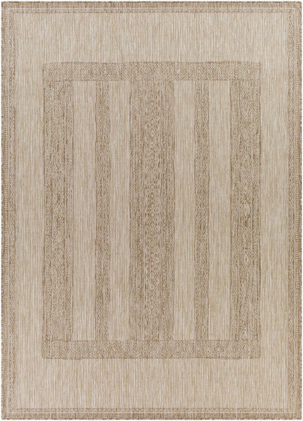 Close-up of the Manorhaven Indoor & Outdoor Rug. Neutral cream and tan geometric pattern with a textured, machine-woven look. Design-Rectangle-537