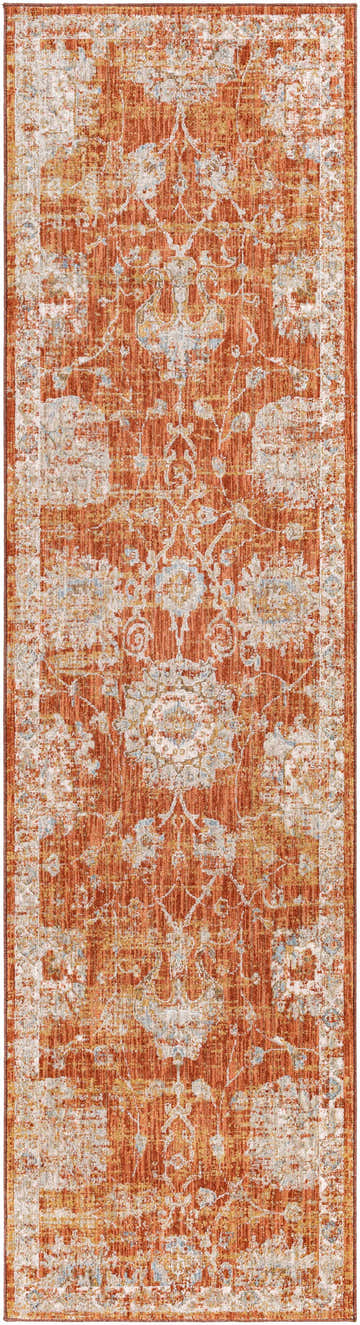 Close-up of the Manawan Thick Luxe Area Rug. Features brick red, cream, and charcoal floral design. Design-Runner-2710