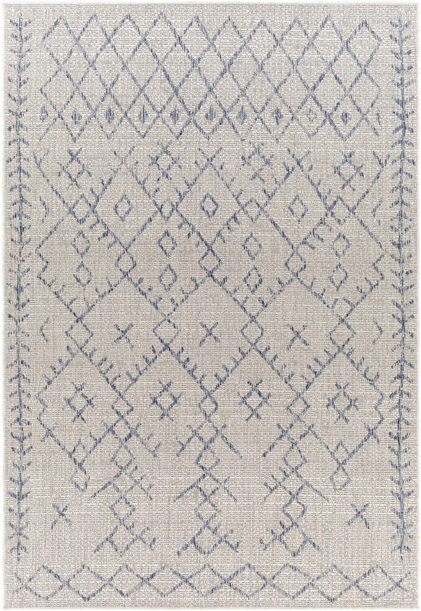 Detailed close-up of the Maunawili Blue Detailed Gray Rug. Bohemian style rug with blue geometric diamond pattern on oatmeal background. Design-Rectangle-5377