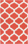 Close-up of the Moccasin Area Carpet showcasing a coral and cream quatrefoil pattern. Hand-woven wool rug texture. Design-Rectangle-58