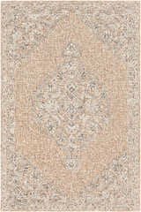Close-up of the Modimolle Area Carpet. Hand-tufted wool and viscose rug with a traditional Persian-style design in brown, camel, and cream. Design-Rectangle-576