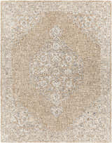 Close-up of the Modimolle Area Carpet. Beige rug with a traditional, Persian-inspired floral medallion and border pattern. Design-Rectangle-79