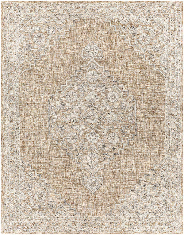 Close-up of the Modimolle Area Carpet. Beige rug with a traditional, Persian-inspired floral medallion and border pattern. Design-Rectangle-79
