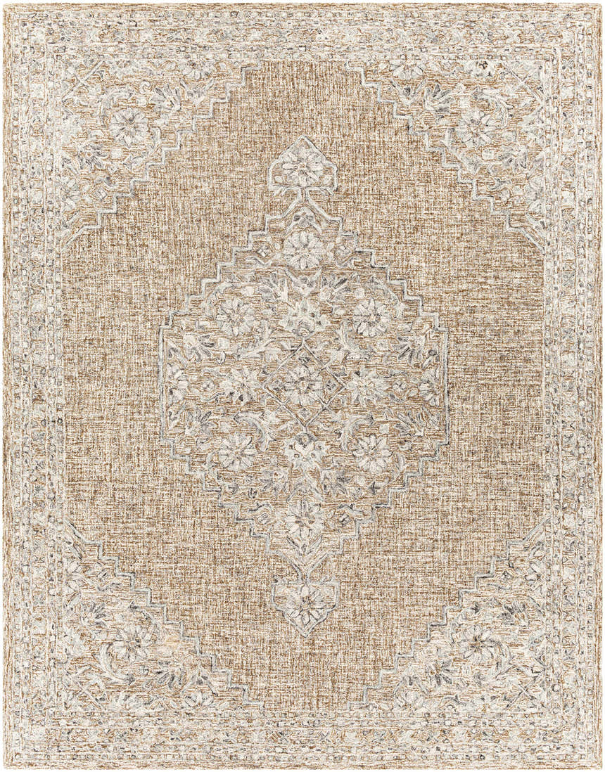 Close-up of the Modimolle Area Carpet. Beige rug with a traditional, Persian-inspired floral medallion and border pattern. Design-Rectangle-79