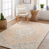 Light and airy room featuring a tan Modimolle Area Carpet with a traditional Persian-inspired design. Roomscene-Rectangle