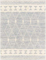 Close-up of Moe Area Rug. Hand woven cotton and wool rug in blue, cream, and white with diamond pattern. Design-Rectangle-810