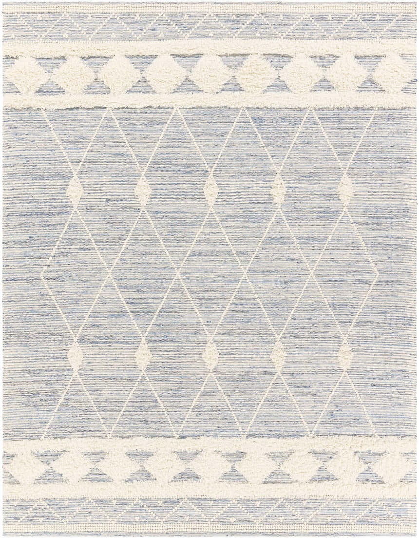 Close-up of Moe Area Rug. Hand woven cotton and wool rug in blue, cream, and white with diamond pattern. Design-Rectangle-810