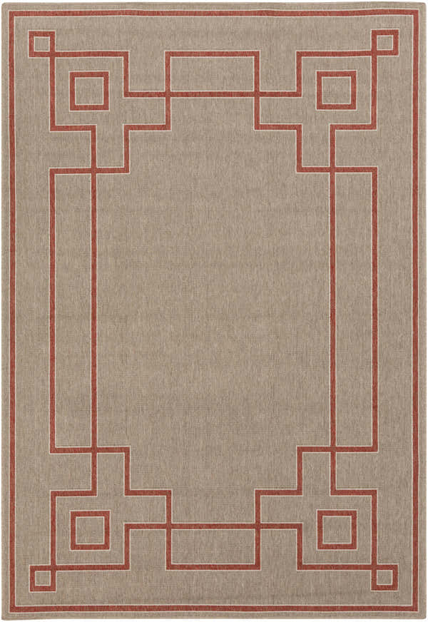 Close-up of the Moffett Area Rug. Brick red geometric pattern on a light brown, machine woven olefin rug. Design-Rectangle-5376