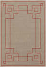 Close-up of the Moffett Area Rug. Brick red geometric pattern on a light brown, machine woven olefin rug. Design-Rectangle-5376