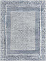 Close-up of Mohrsville Area Rug - Clearance. Machine-woven rug with geometric patterns in shades of blue on a white background. Design-Rectangle-537
