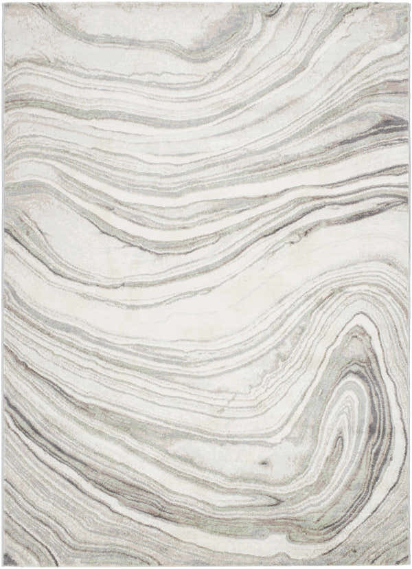 Close-up of the Mojil Area Rug, featuring a contemporary light gray, silver, and slate swirl pattern. Design-Rectangle-537