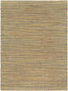 Close-up of the hand woven Molus Area Rug. Jute rug with a contemporary design in natural, yellow, and blue fibers. Design-Rectangle-576