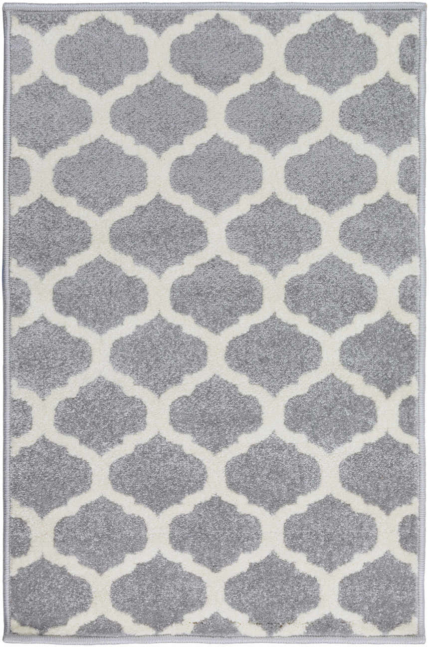 Close-up of the Mongo Carpet in cream and slate. Features a contemporary quatrefoil pattern and machine-woven texture. Design-Rectangle-23