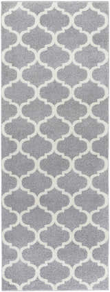 Close-up of the Mongo Carpet in slate and cream. Features a soft, textured pile and a contemporary quatrefoil pattern. Design-Runner-2773