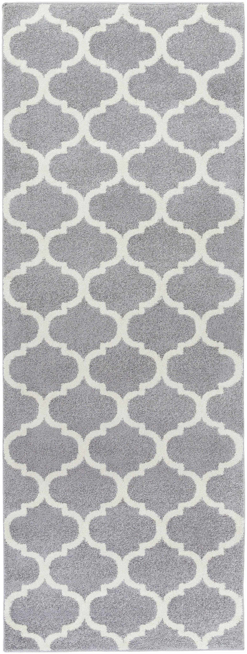 Close-up of the Mongo Carpet in slate and cream. Features a soft, textured pile and a contemporary quatrefoil pattern. Design-Runner-2773