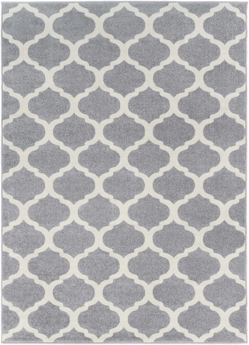 Close-up of the Mongo Carpet in cream and slate, featuring a modern quatrefoil pattern. Design-Rectangle-5373