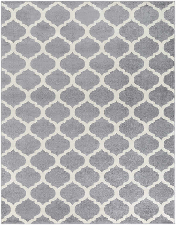 Close-up of the Mongo Carpet, a clearance rug with a cream geometric pattern on a slate gray background. Design-Rectangle-710103