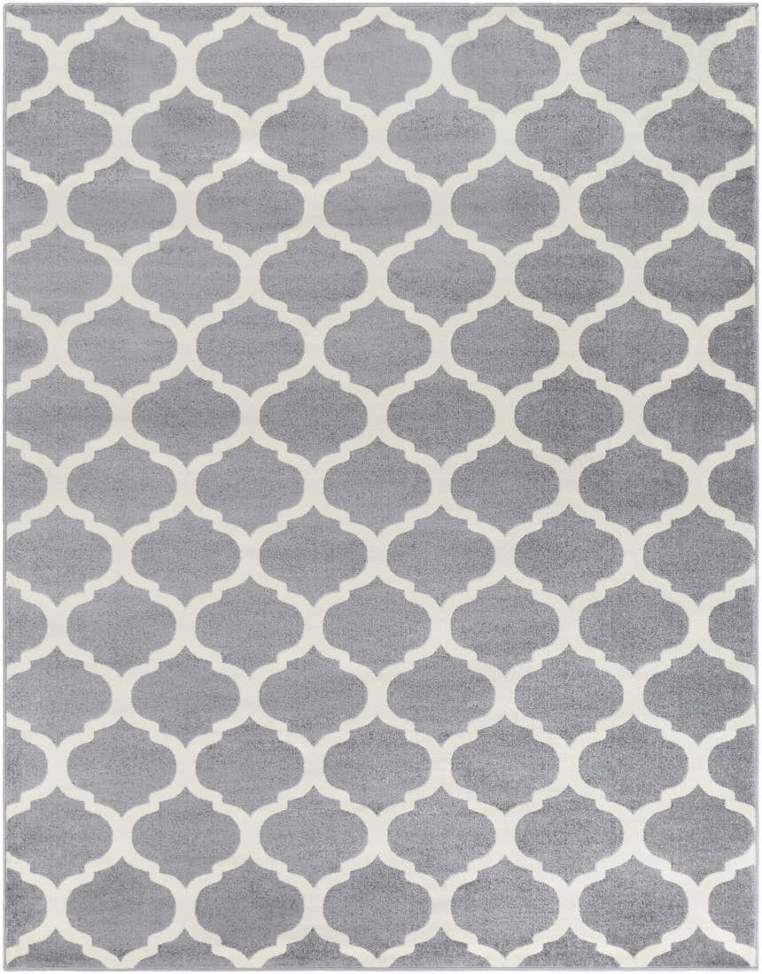 Close-up of the Mongo Carpet, a clearance rug with a cream geometric pattern on a slate gray background. Design-Rectangle-710103