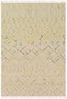 Monitor Area Carpet close-up: Hand-woven wool rug with geometric diamond, triangle, and zig-zag patterns in green, saffron, and light beige. Design-Rectangle-576