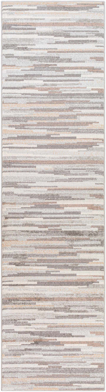 Close-up of the Monkland Area Rug, featuring a contemporary horizontal stripe pattern in charcoal, gray, tan, and white. Design-Runner-2710