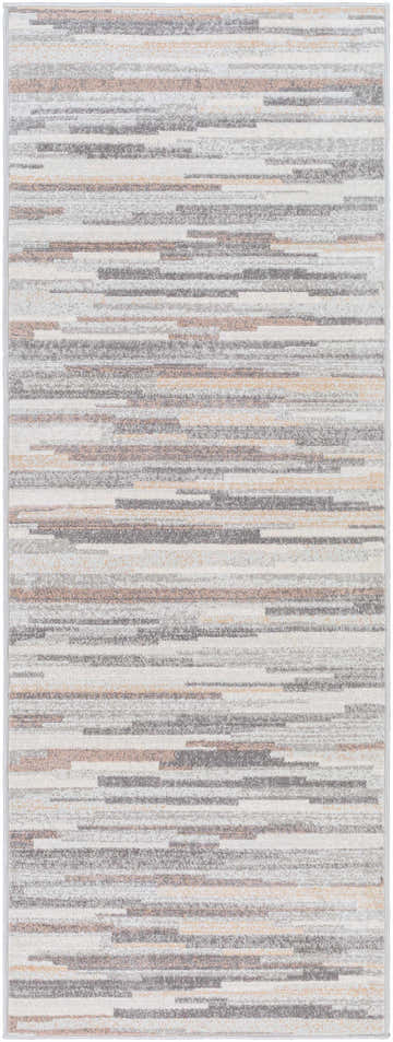 Close-up of the Monkland Area Rug, featuring a contemporary stripe pattern in charcoal, gray, tan, and white hues. Design-Runner-2773