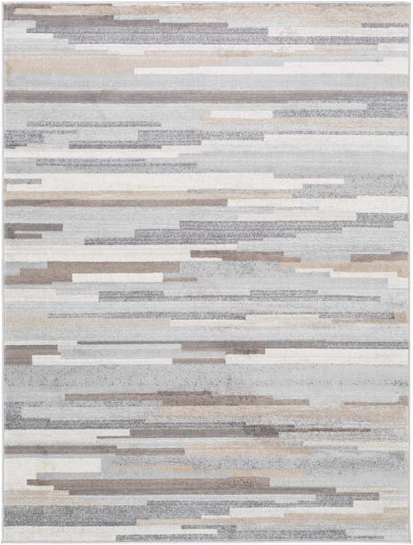 Close-up of the Monkland Area Rug, featuring a contemporary linear design in charcoal, gray, tan, and white hues. Design-Rectangle-5371