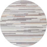 Round Monkland Area Rug featuring a contemporary horizontal stripe pattern in charcoal, gray, light gray, tan, and white. Design-Round-67