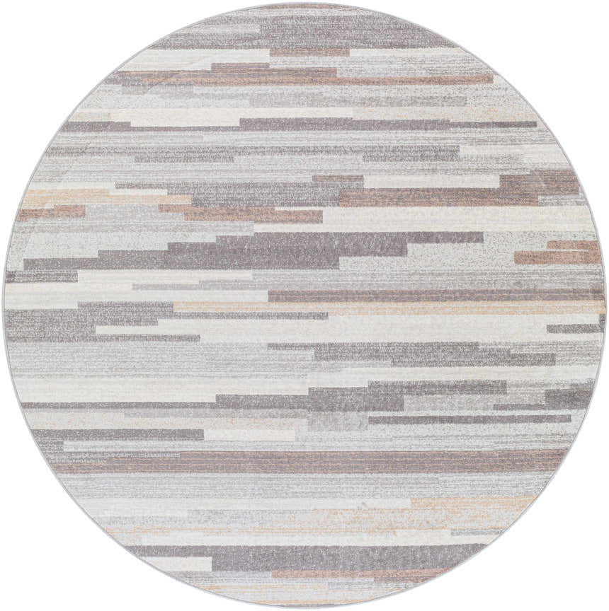 Round Monkland Area Rug featuring a contemporary horizontal stripe pattern in charcoal, gray, light gray, tan, and white. Design-Round-67