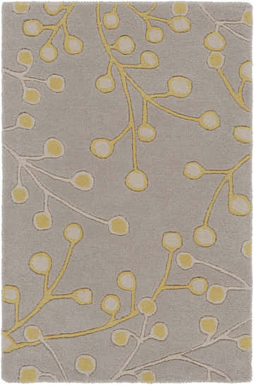 Close-up of Elsu Mustard Wool Area Rug featuring a botanical design with mustard and taupe accents on a charcoal wool background. Design-Rectangle-23