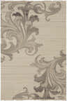 Close-up of the Moorhead Carpet. Oatmeal wool rug with a dark brown and medium brown floral scroll pattern. Hand knotted texture. Design-Rectangle