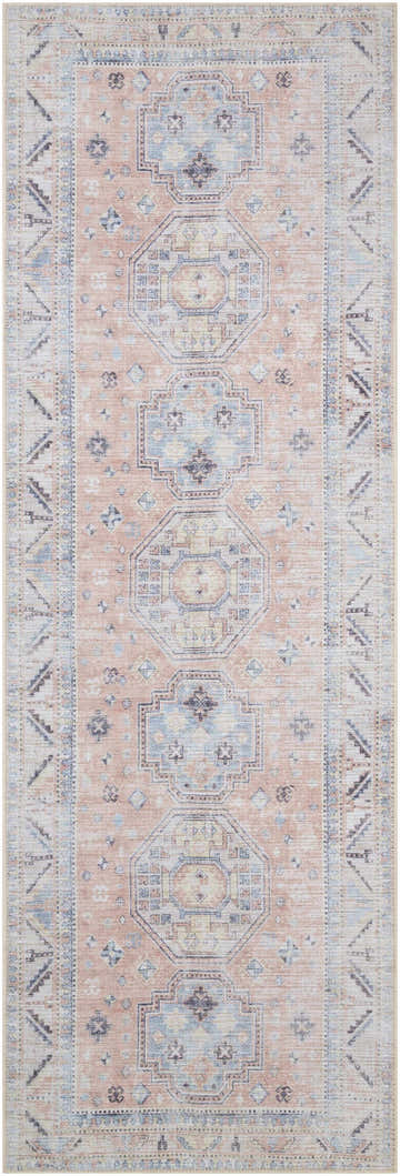Close-up of the Morcott Peach Washable Area Rug, featuring a traditional design in peach, blue, ivory, and black tones. Design-Runner-2773