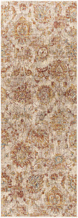 Close-up of the Morinville Area Rug: a traditional, machine-woven rug in brick red, charcoal, light beige, and mustard tones. Design-Runner-2773