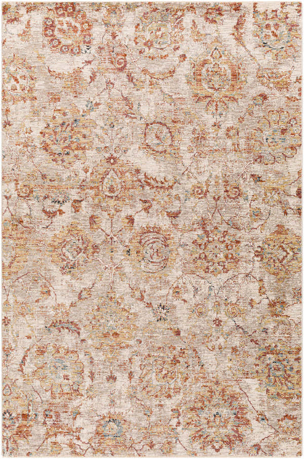 Close-up of the Morinville Area Rug, showcasing its traditional brick red, charcoal, and light beige oriental pattern. Design-Rectangle-575