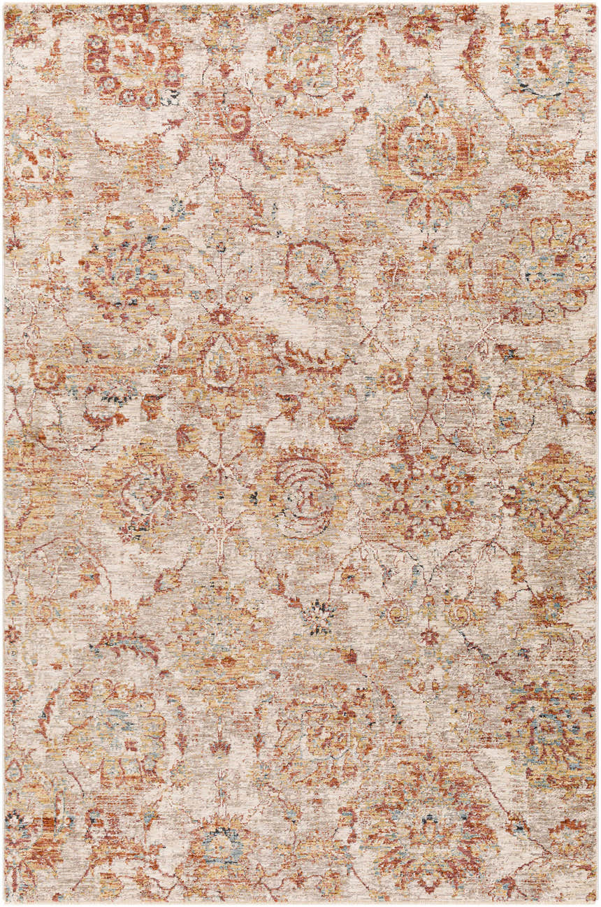 Close-up of the Morinville Area Rug, showcasing its traditional brick red, charcoal, and light beige oriental pattern. Design-Rectangle-575