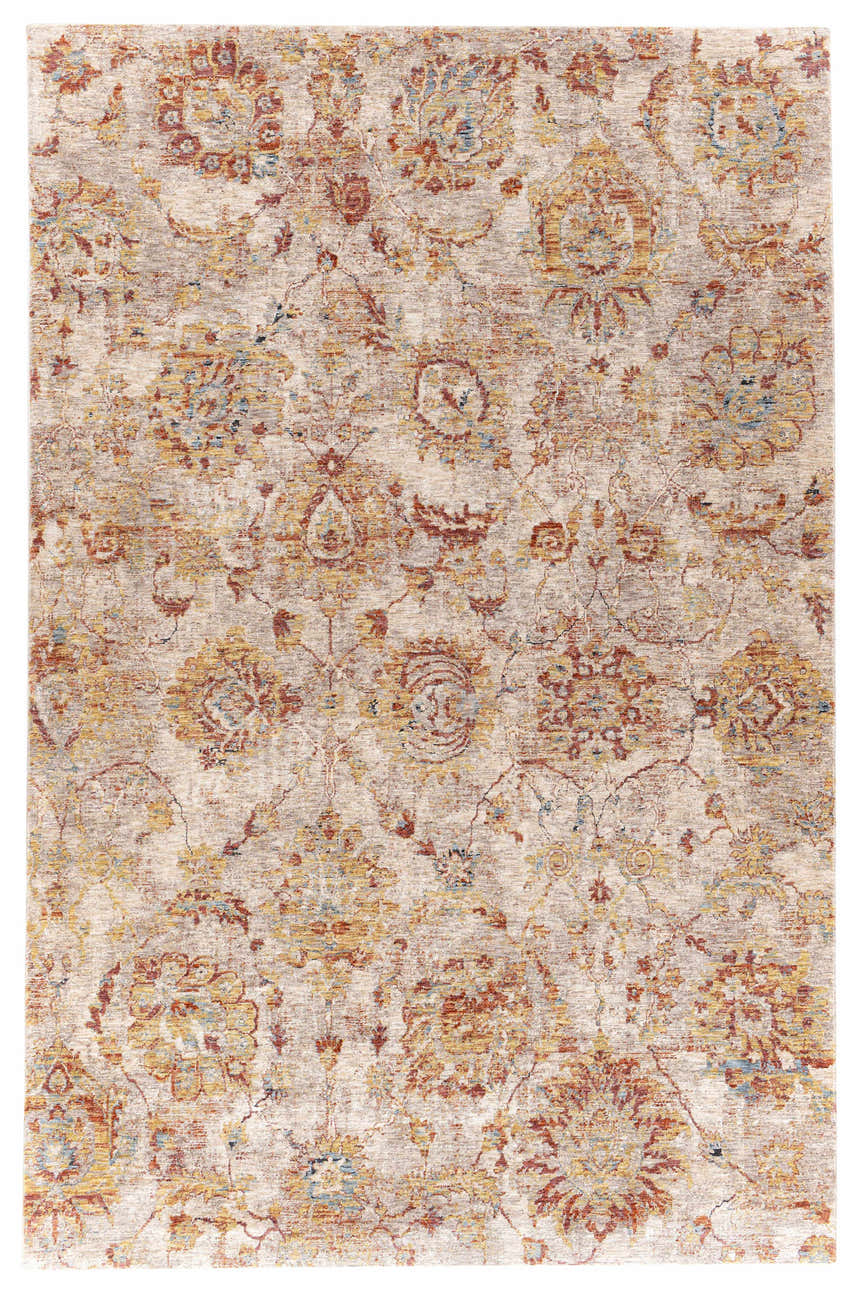 Close-up of the Morinville Area Rug, featuring brick red, charcoal, and mustard floral and oriental patterns. Design-Rectangle-6796
