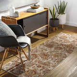 Entryway with wood console table, chair, and the brick red Morinville Area Rug runner. Roomscene-Runner