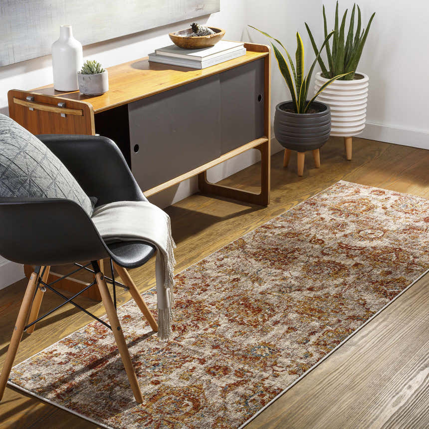 Entryway with wood console table, chair, and the brick red Morinville Area Rug runner. Roomscene-Runner
