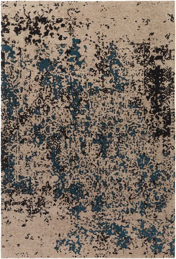 Close-up of the Sweeny Teal Abstract Area Rug, a contemporary rug with beige, black, and teal abstract patterns. Design-Rectangle-576