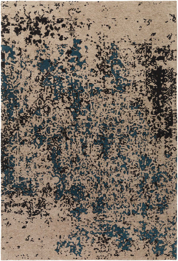 Close-up of the Sweeny Teal Abstract Area Rug, a contemporary rug with beige, black, and teal abstract patterns. Design-Rectangle-576